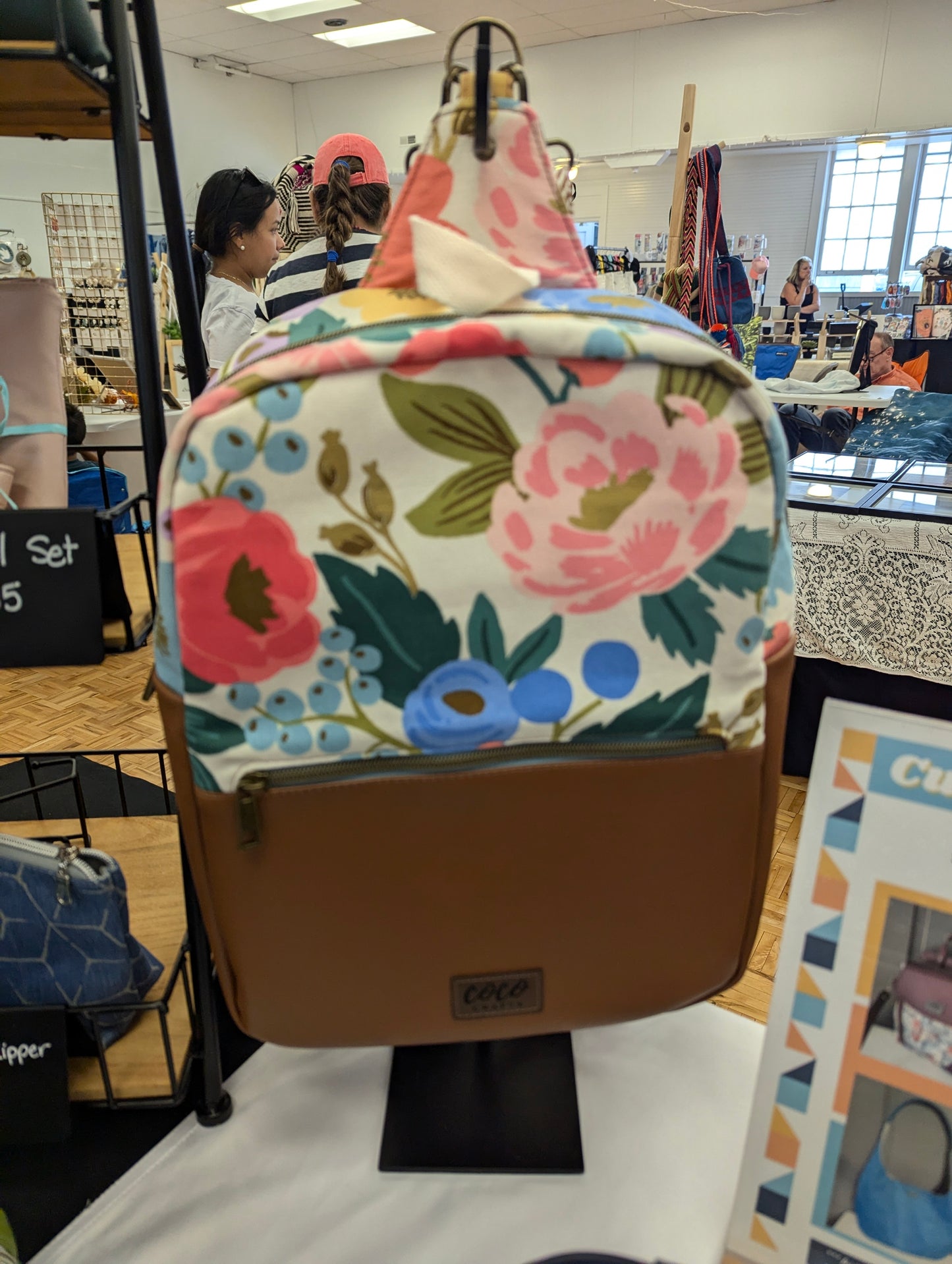 Backpack- Floral w/ brown Faux Leather